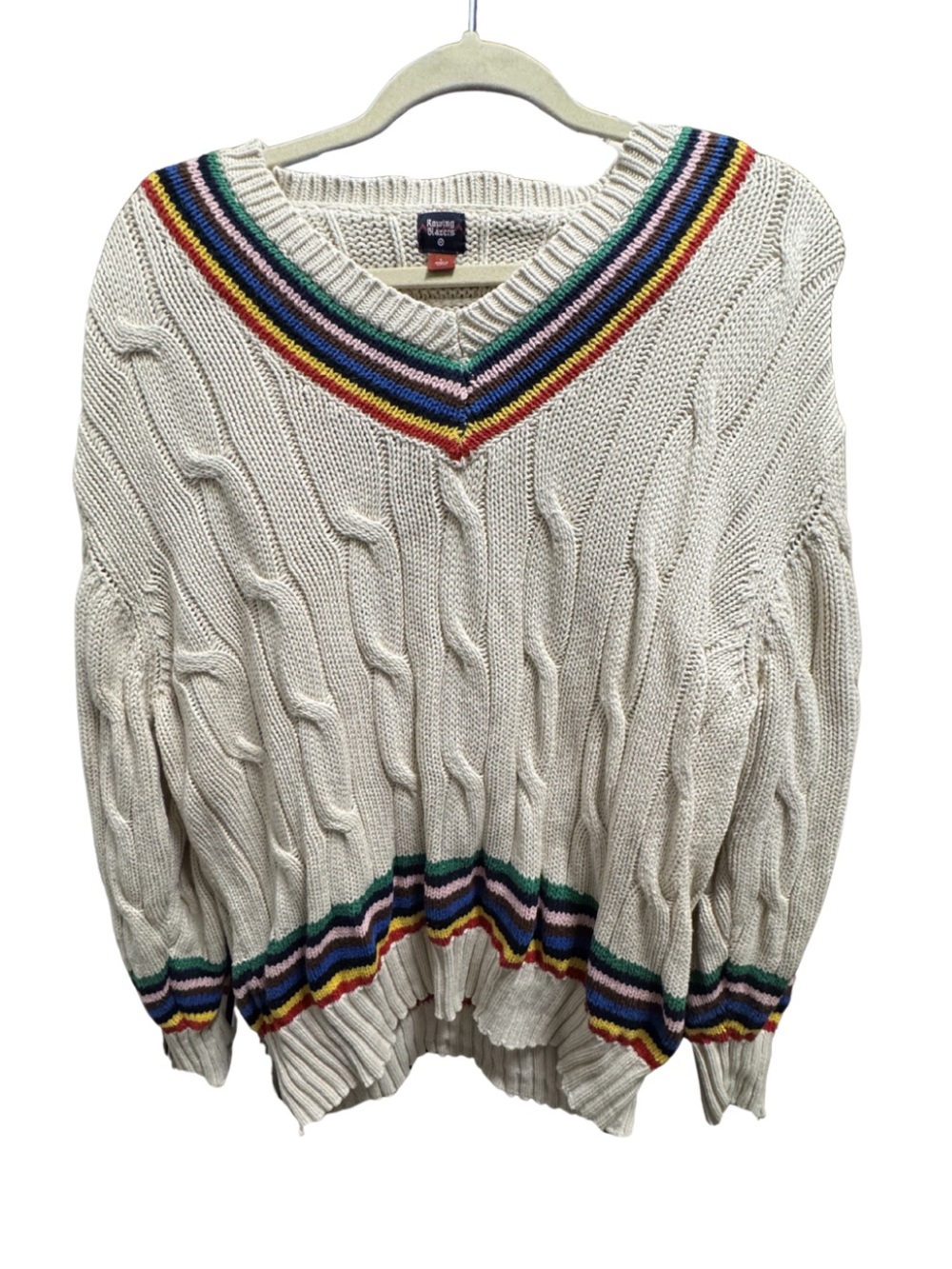 Rowing Blazers Collab with Target Cream Cable-Knit V-Neck Sweater Rainbow Trim